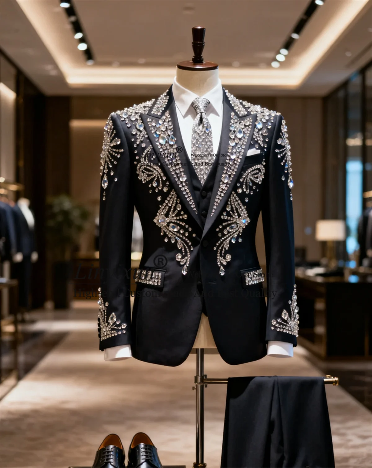 

Мужские костюмы ручной работы с кристаллами, 3 предмета, для вечеринок, свадебные смокинги, приталенный крой, на заказ, костюм Homme