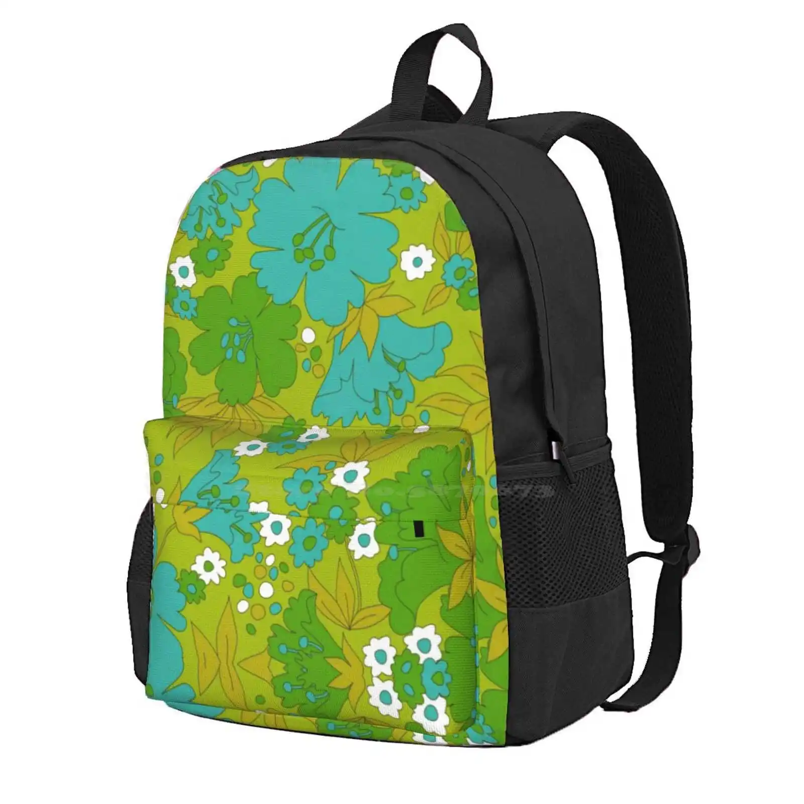 

Green, Turquoise, And White Retro Flower Pattern Hot Sale Schoolbag Backpack Fashion Bags Olive Green Light Green Dark Green