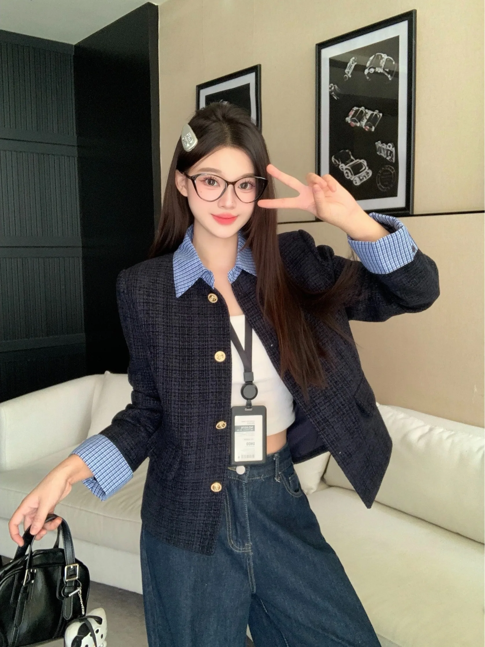

plus Size Collar Short Cardigan Women's Korean Style Spring Fashion Outerwear Contrasting Colors Fake Two-Piece Jacket