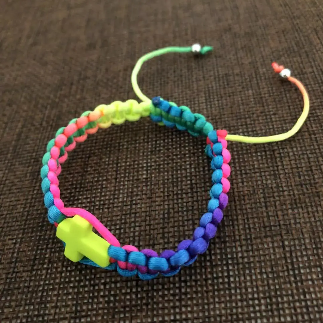 

Wholesale rainbow color rope bracelet, knot rosary bracelet, cross bracelet with religious cross pendant