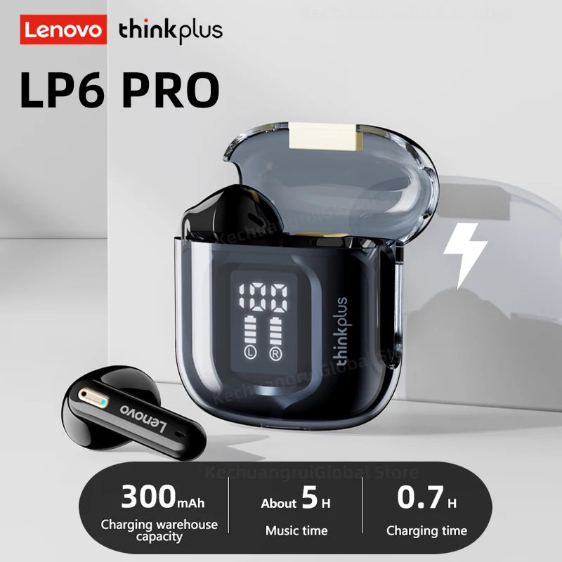 Lenovo-Écouteurs Bluetooth sans fil LP6 Pro, écouteurs TWS, écouteurs HiFi, casque de jeu de sport, affichage numérique LED, Original, 5.3