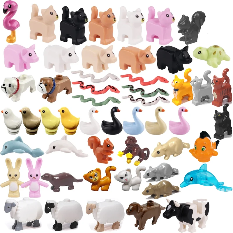 MOC City Animal Figure Building Blocks Flamingo Pig Cat Snake Swan Dolphin Mini Model Bricks Parts DIY Toys Kids Gift