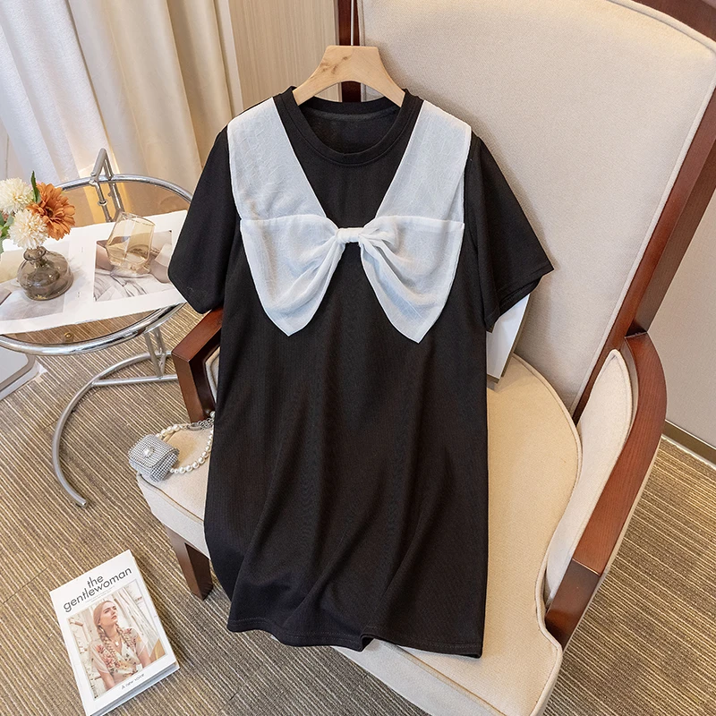 Women Mini Cotton T-shirt Dresses ​Summer Female O Neck Short Sleeve Large Size Elegant Black Pink Bow Patchwork Loose Vestidos