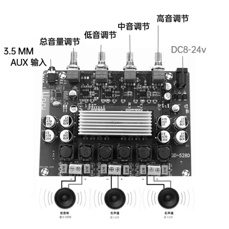 TPA3116 digitale eindversterker board 2.1 kanaals 2*50 W + 100 W high power 8-24 V Gold-528BHV