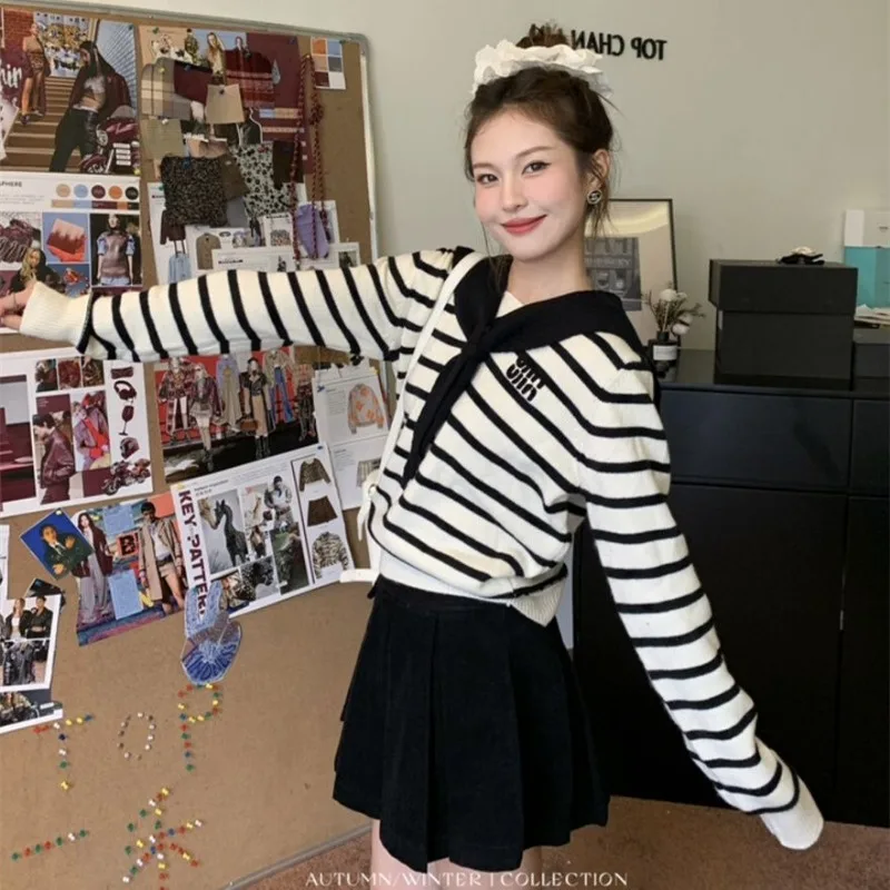 Women Autumn Winter Casual Preppy Style Striped Color Blocking Knitting Women Clothing All-match Slim Long Sleeve Pullovers Tops