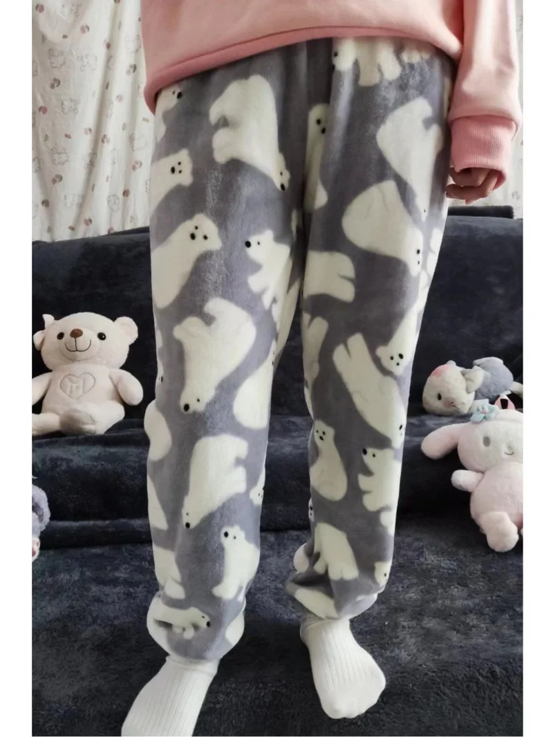 Animal Bear Koala Print Coral Velvet Sleepwear Pants Youthful Woman Clothes Fall Winter Flannel Pajamas Pjs Trousers Y 2k Girls