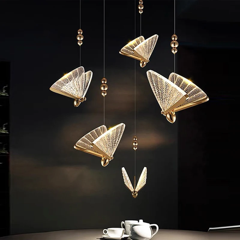 Butterfly Indoor LED Cord Pendant Lamps for Bedside Bedroom Hanging Light Golden Chandelier Lights for Dinning Room AC85-265V