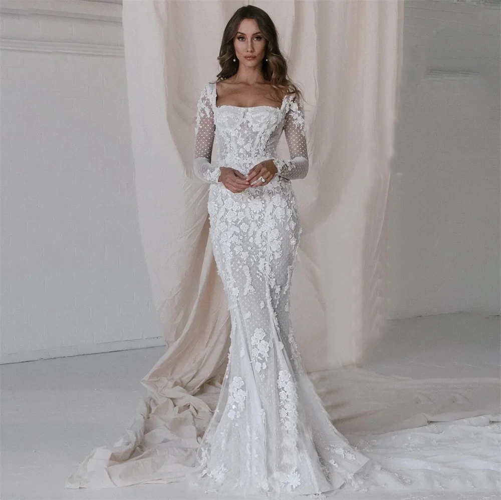 Sexy Mermaid Wedding Dresses Lace Flower Ball Gowns Long Sleeve Backless Buttons Sweetheart Court Train Formal Beach Party Gala