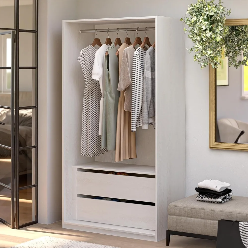 Double Wide Open Wardrobe with 2 Wide Drawers and Wide Hanging Rod, Ivory Oak