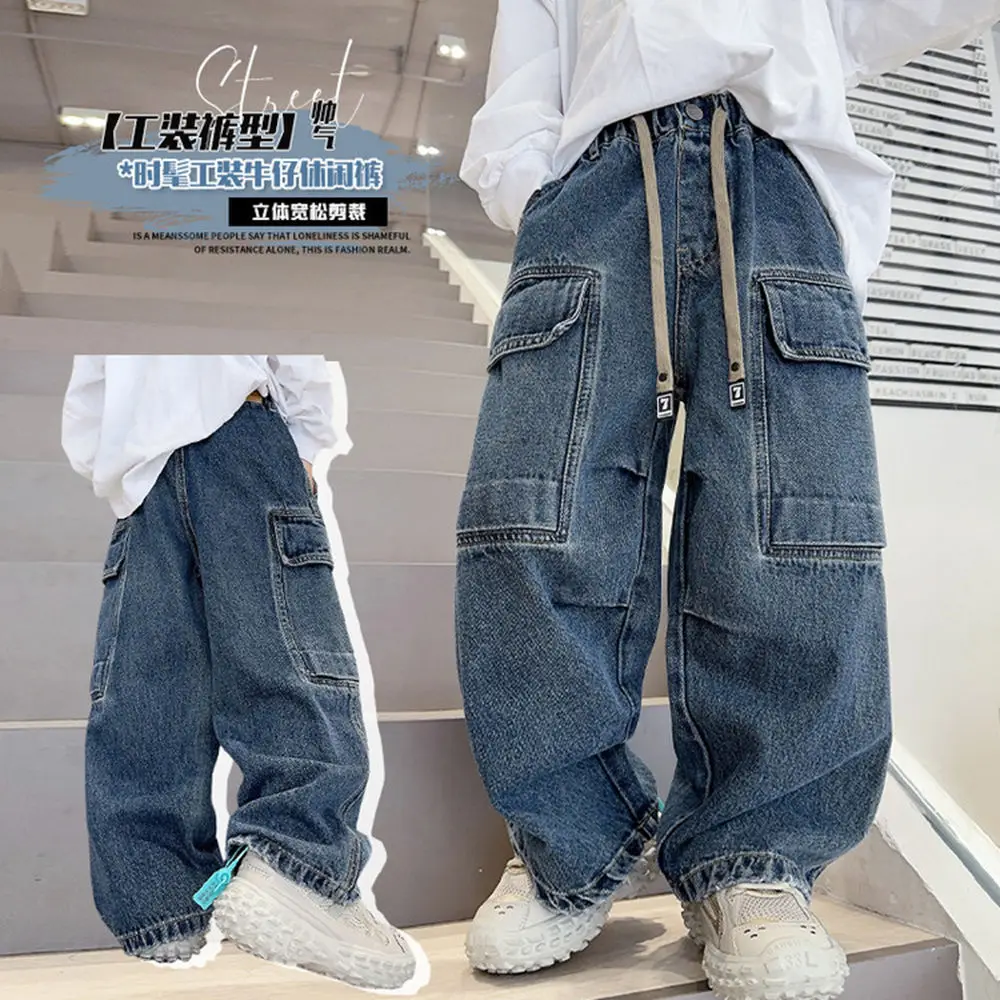 

Осенние детские свободные прямые джинсы-карго с карманом для больших мальчиков, повседневные джинсовые брюки на шнурке, школьные детские классические брюки