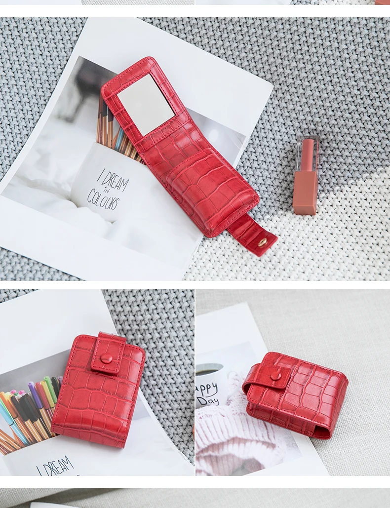 Tragbare Mini-Lippenstift-Tasche mit Spiegel, minimalistische kleine Kosmetiktasche mit Knopf, Damen-Make-up-Aufbewahrungskoffer mit Krokodilprägung – Detail 20