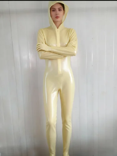 

Pure Latex Catsuit Rubber Translucent Bodysuit Socks Jumpsuit Front Zipper 0.4mm S-XXL