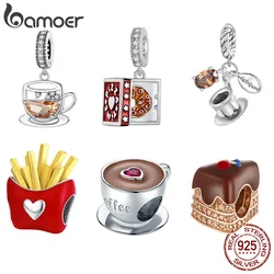 Bamoer Original 925 Sterling Silver Funny Coffee Pizza French Fries Pendant Charm DIY For Women Party Daily Gift Fine Jewlery