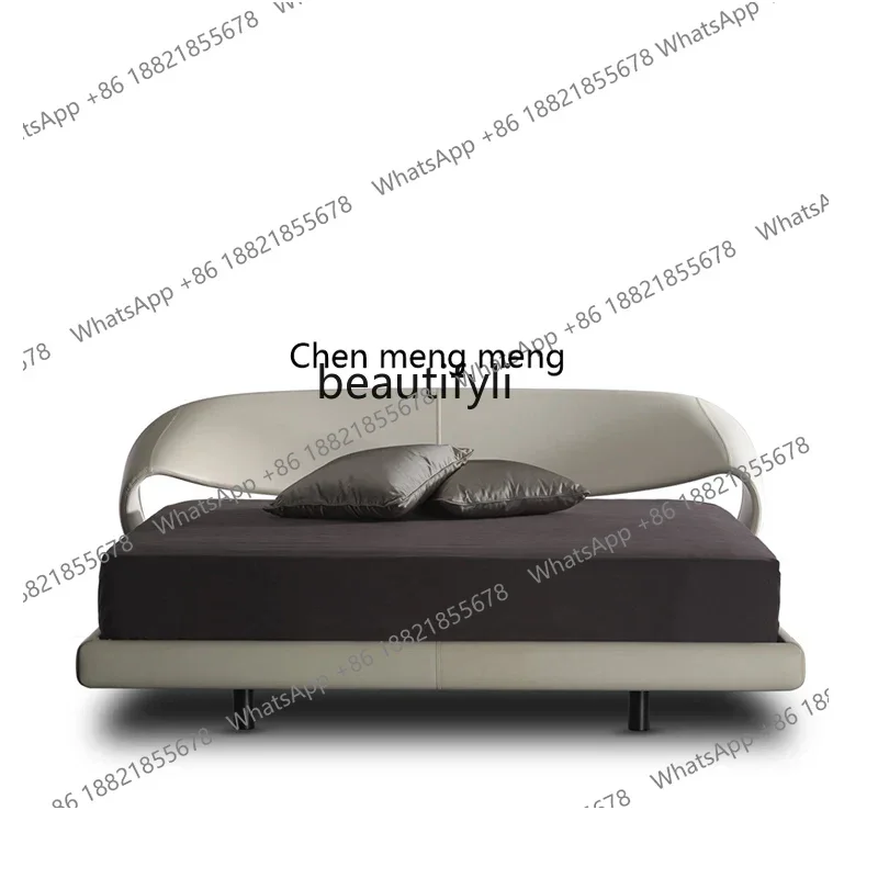 P178 سرير مزدوج فاخر خفيف على الطراز الإيطالي غرفة نوم رئيسية جلد طبيعي 1.8 متر أثاث فيلا على الطراز الكريمي