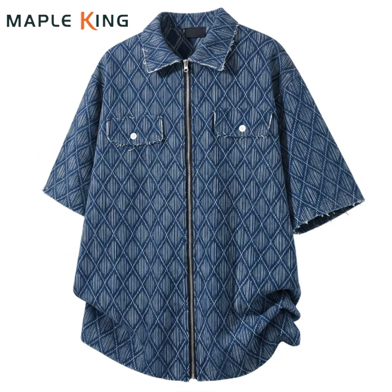 

Vintage Denim Shirts for Man Summer Short Sleeve Plaid Pattern Fake Pocket Designer Loose Camisas Streetwear Mens Cowboy Shirt