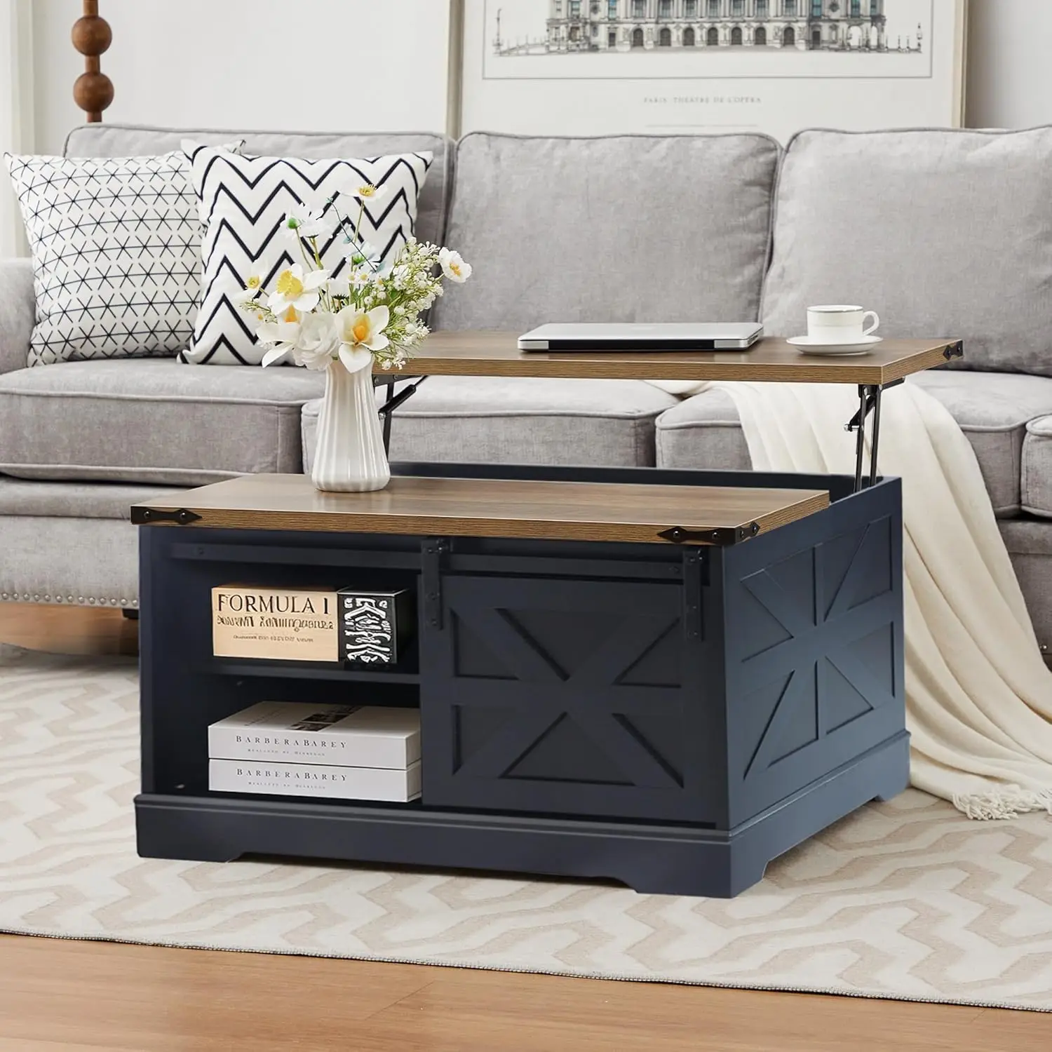 

Rustic Lift Top Coffee Table with Sliding Barn Door Adjustable Shelf Hidden Storage for Living Room, Customized