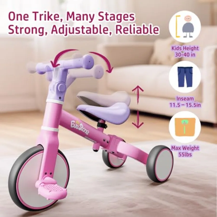 5-in-1 Toddler Balance Bike Tricycle for 18 Months to 4 Years Pink Ride-On Toy with Outdoor Indoor Use Promotes Gross Motor Ski