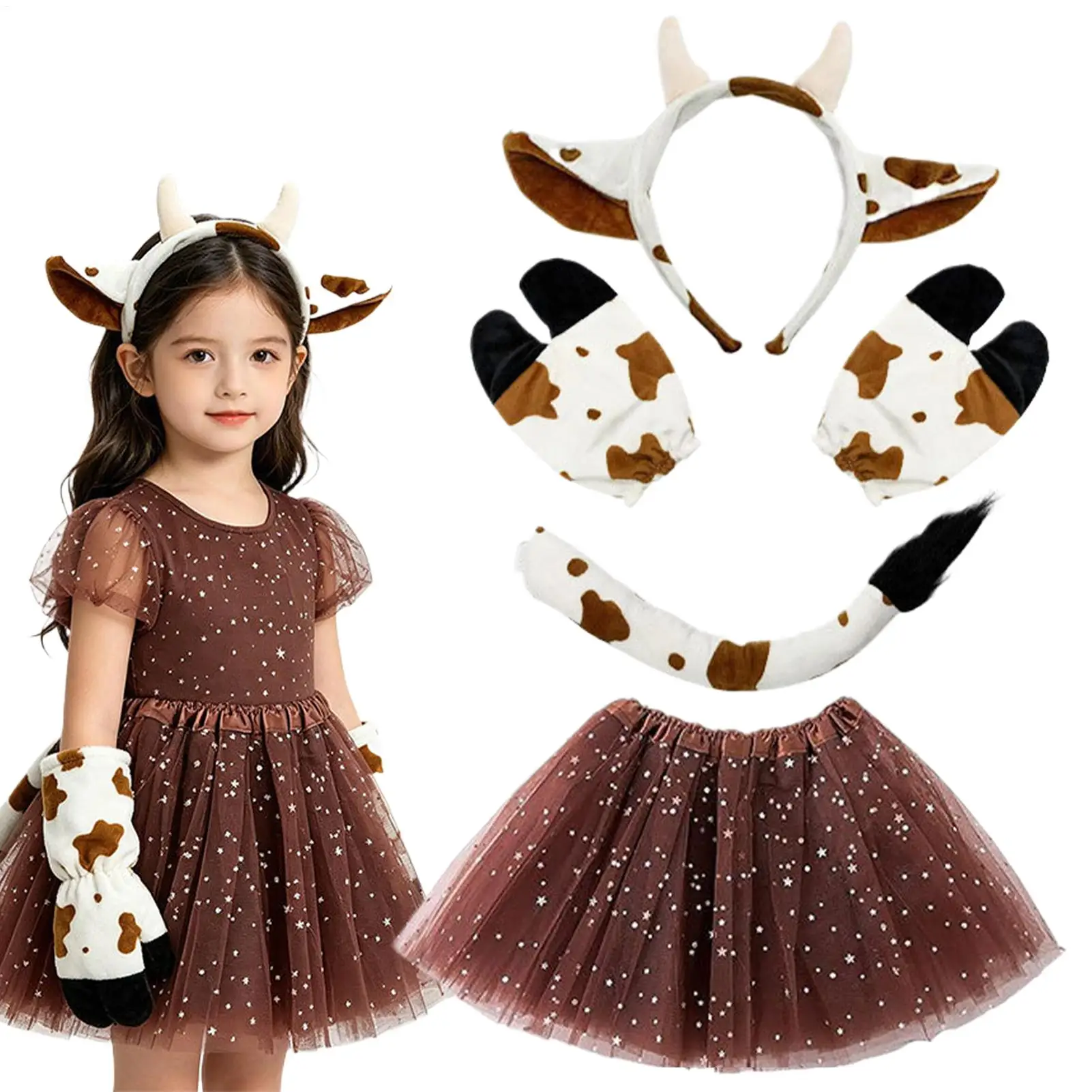 Cow Suit Girls Outfit Set With Cow Headband Tail Gloves Tutu Dress For Concert Party Cosplay Carnival Masquerade School Event