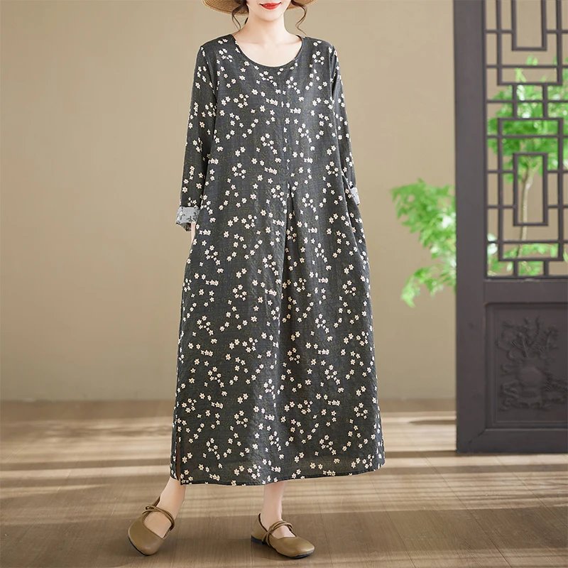 New Printed Long Sleeve Long Neck round Large Size Women's Cotton Dress Ethnic Style Loose Fit Citywalk A-Line Skirt Dress