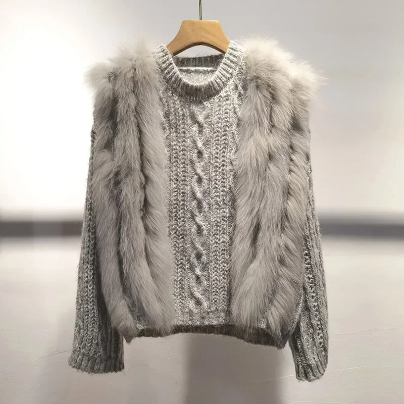 Lady Autumn Winter Knitted Cardigan Fox Fur Trim Women Sweater Loose Fit O Neck