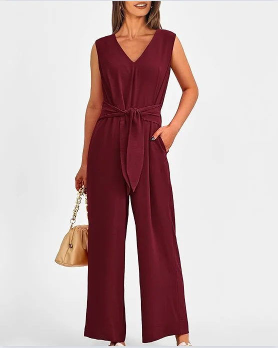 Women's Fashionable and Elegant Style Solid Color Women's Clothing Elegant V-neck Wide Leg Jumpsuit Sleeveless Jumpsuit