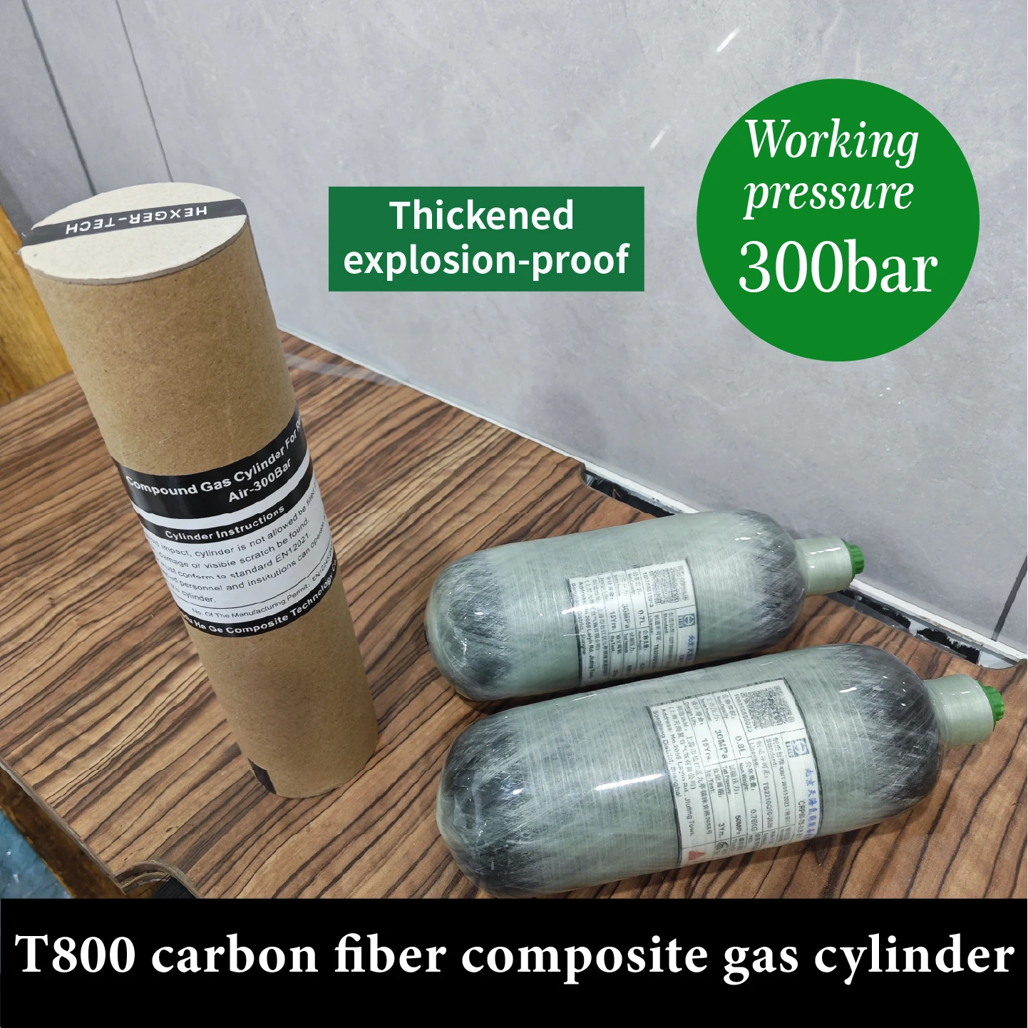 

Баллон для высокого давления из углеродного волокна T800, 0.62-0.8 л, M18*1.5, 4500 фунтов на кв. дюйм, 300 бар, серая версия