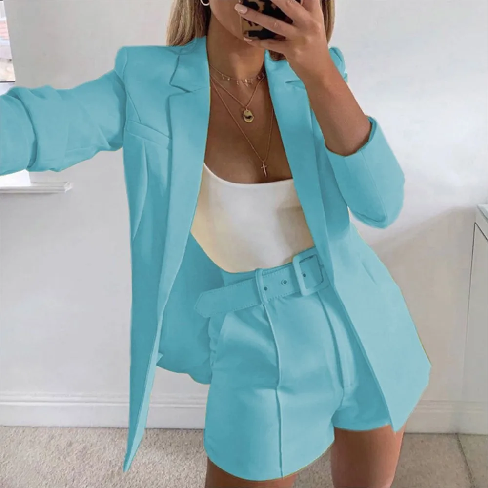 Women's Fashion Suit Two-piece Sets Lapel Long Sleeve Cardigan Top+Shorts 2025 Spring And Autumn Sexy Suit Casual Office Ladies
