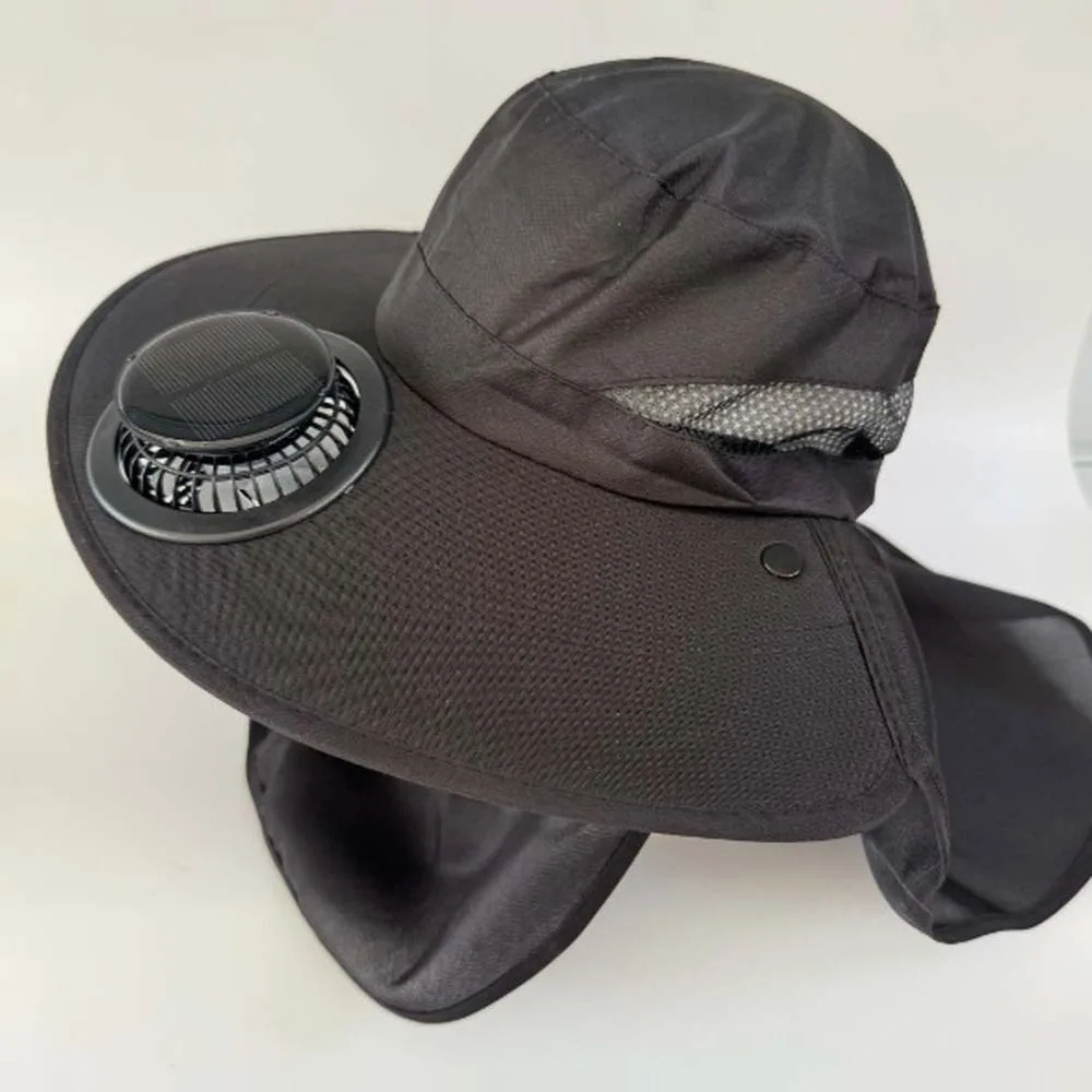 Portable Solar Rechargeable Fan Hat Long-lasting Adjustable Fishing Sun Shading Cap with Face Cover 300mA Wide Brim Fan Hat