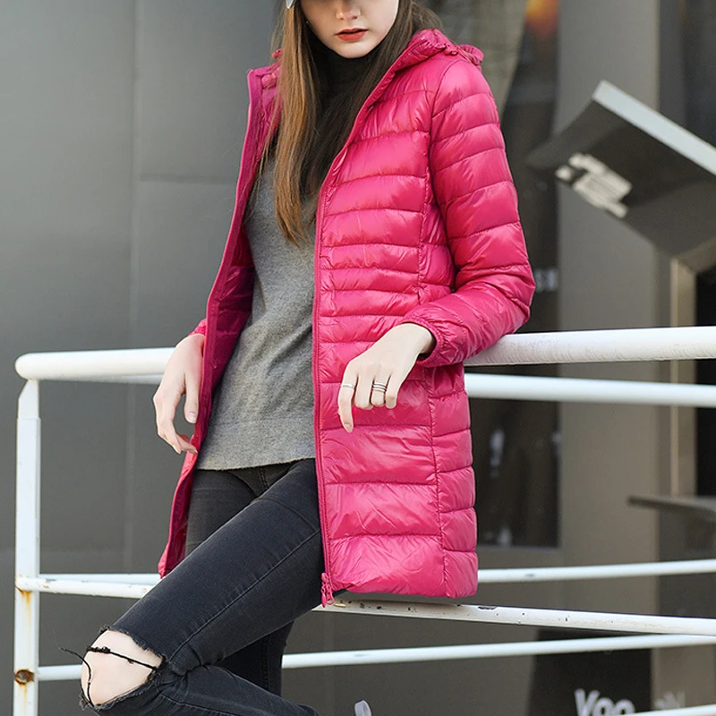 Abrigo acolchado portátil para mujer, chaquetas de plumón de pato, Parkas ultraligeras de media longitud con capucha, S-7XL cálido para invierno