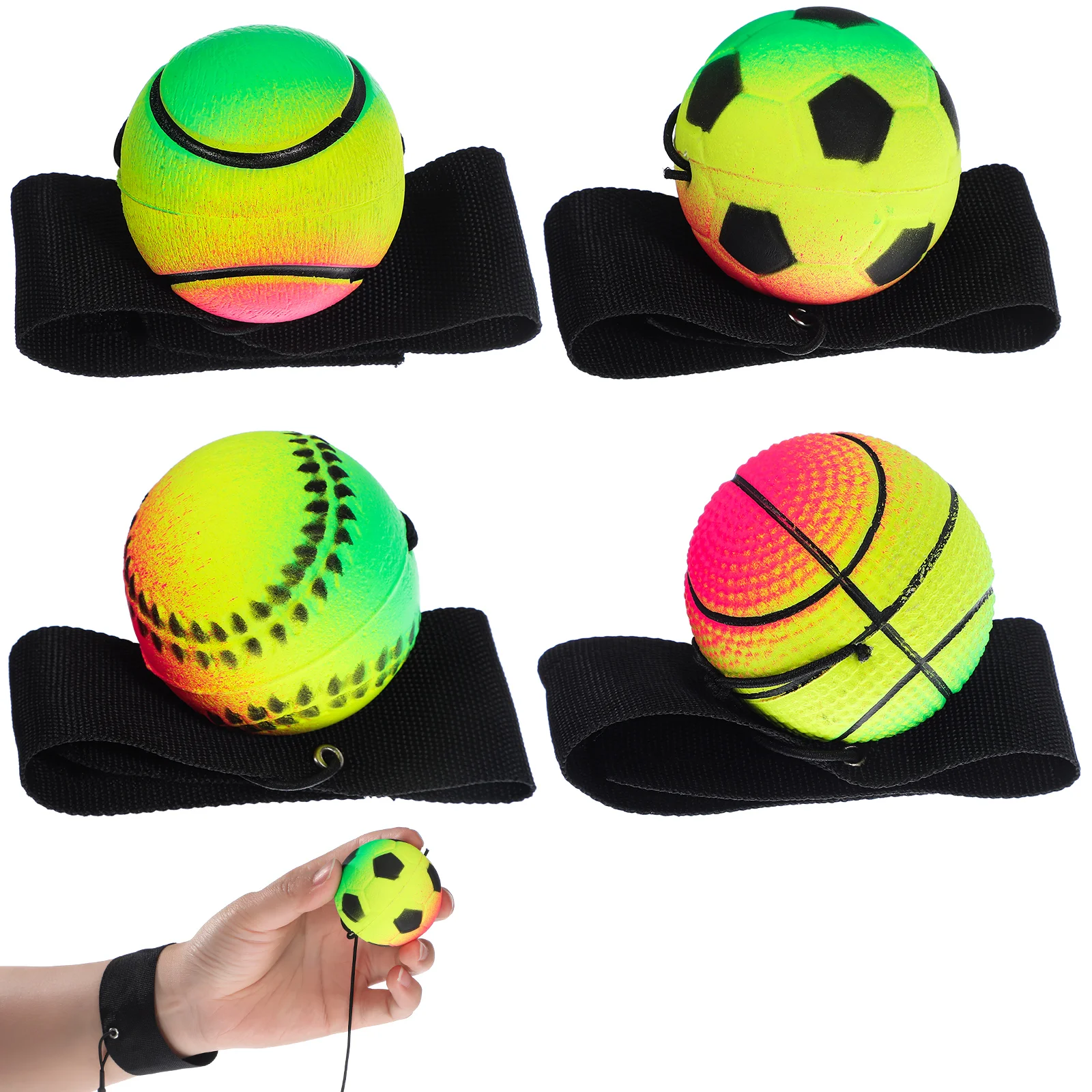 4 Pcs Wrist Rebound Ball Basketball Wristband With Strap Back Wristbands Plush Toy Balls Football Rubber Toddler Baseball Tape