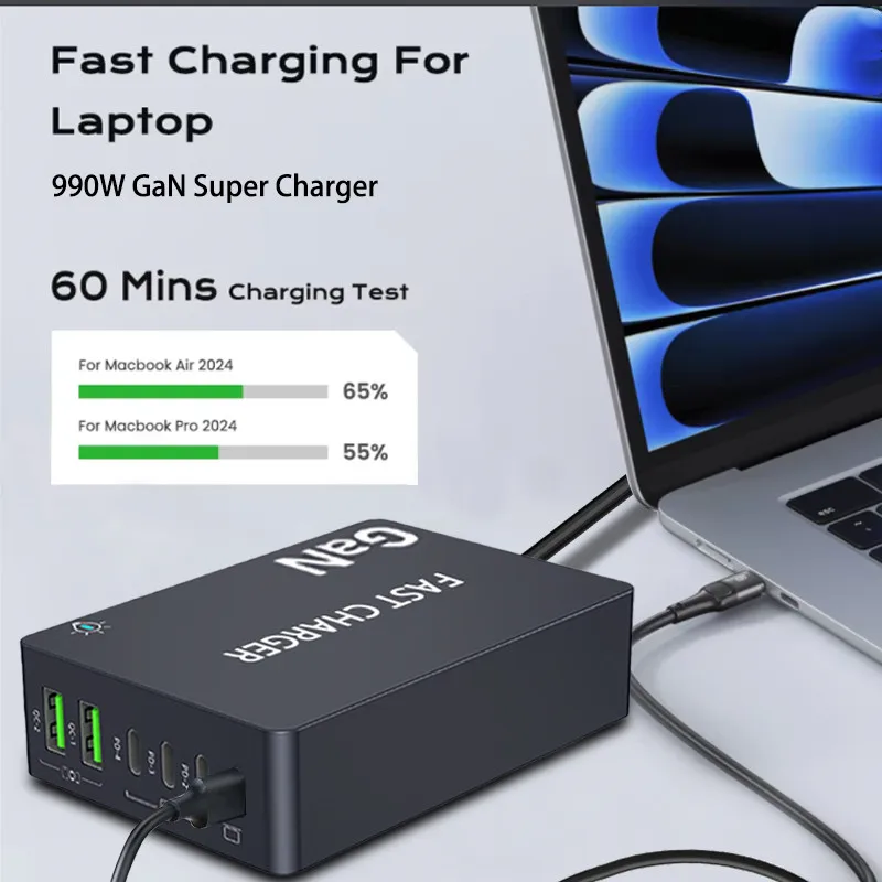 990 واط GaN شاحن سريع 4 USB C 2 USB A سطح المكتب متعدد ميناء موصل مقبس شواحن لأجهزة الكمبيوتر المحمول الهاتف المحمول اللوحي PD شحن سريع
