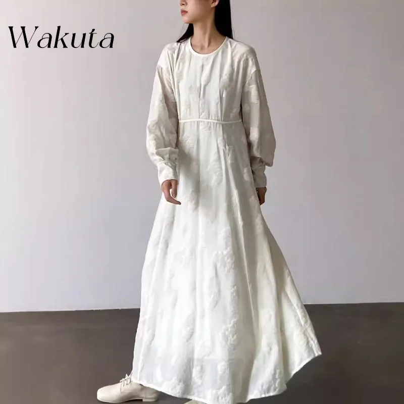 

WAKUTA Japanese Retro Romantic Round Neck Long Sleeved Lazy Atmosphere Jacquard Dress Casual Slimming Loose Robe Female Clothing