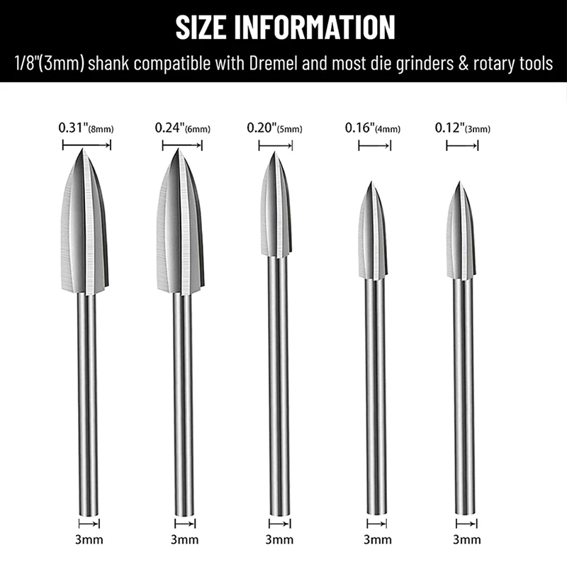 7Pcs Holz Carving Bits, 1/8inchShank HSS Gravur Bohrer Werkzeug Holz Handwerk Schleifen Zubehör mit 4486 Chuck