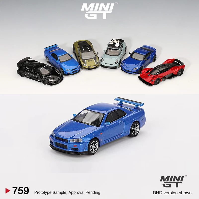 MINIGT 1:64 Jouet Modèle Voiture Skyline GT-R (R34) V-Spec Alliage Moulé Sous Pression Véhicule Bayside Bleu #759 Affichage Collection Cadeaux