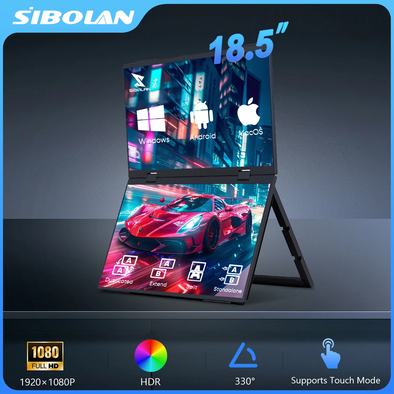 

SIBOLAN 18.5" Dual Portable Monitor 1080P HDR 100Hz Touch Screen Monitor USB-C 100%sRGB Folding Stacked Laptop Screen Extender