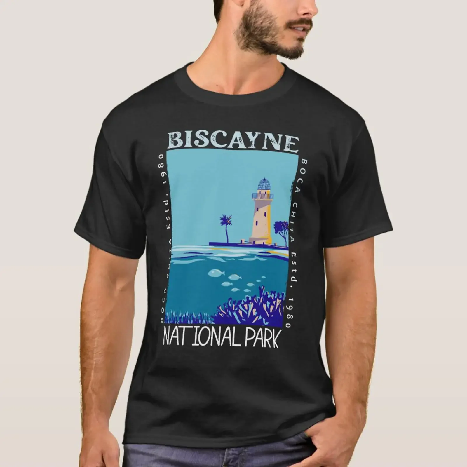 Camiseta vintage con efecto desgastado del Parque Nacional Biscayne, Boca Chita Key, estilo lavado, transpirable, cómoda, streetwear