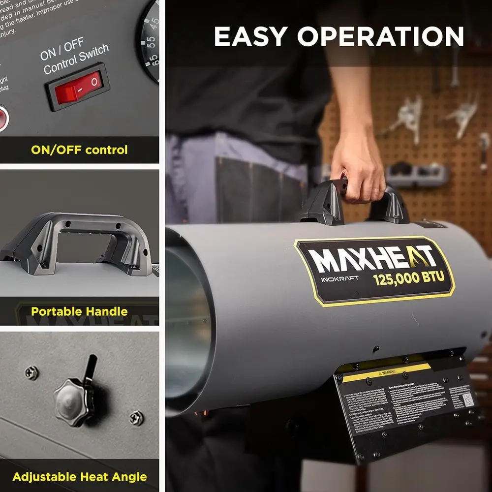 سخان هواء قسري محمول من البروبان MH125 مزود بقدرة 12000 وحدة حرارية بريطانية، وتحكم تلقائي في درجة الحرارة 25-95 فهرنهايت، مثالي للمرآب وورش العمل، Inc #5