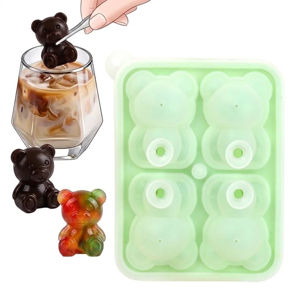 Reusable 4 Grids Bear Shape Ice Mold With Lid Silicone Ice Cube Tray 3D Design Easy Release Ice Cube Maker Home