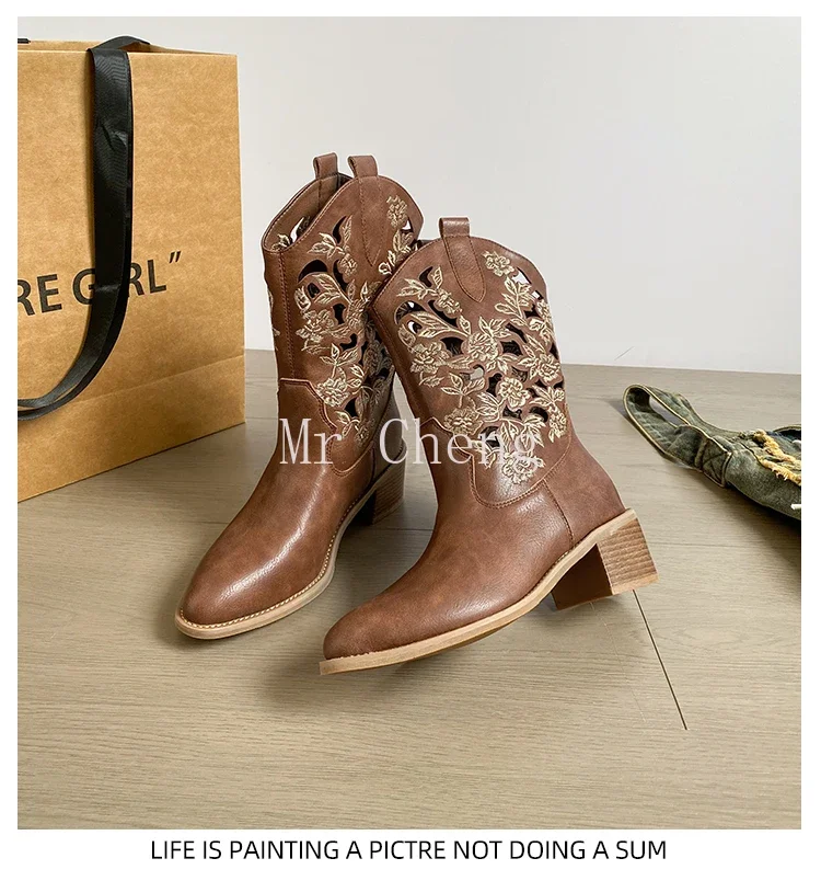 

2024 New Luxury Brand Design Embroidered Cut-out Prairie Western Cowboy Boots Ankle Boots Knee High Boots Women Designer