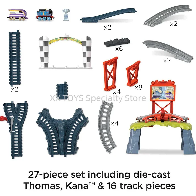 Thomas & Friends-Juego de tren de juguete fundido a presión, carrera para la copa Sodor con motores Thomas y Kana, regalos preescolares de vacaciones para niños