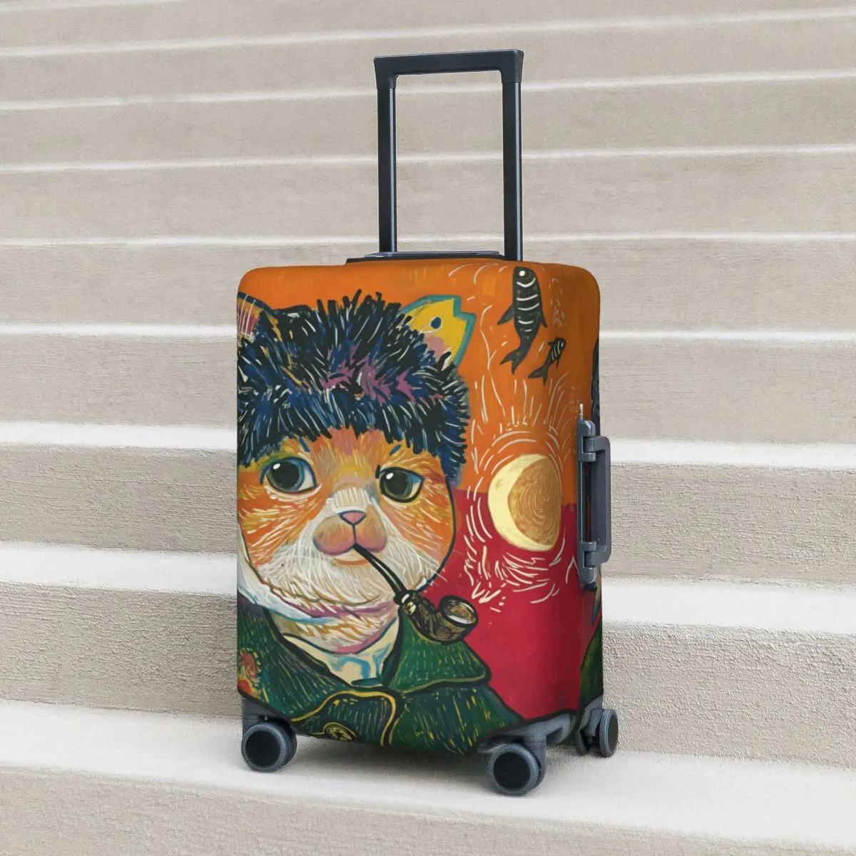 

Van Gogh Self Portrait With Cat Face Mashup Suitcase Cover Flight Cruise Trip Fun Luggage Case Protector