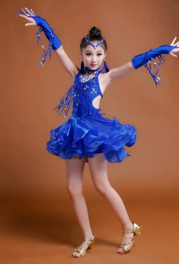 Mädchen Blau Rot Professionelles Latein-Tanzkleid Kinder Ballsaal Salsa Tanzkleidung Outfits Kinderparty Bühnenkleidung Kostüme