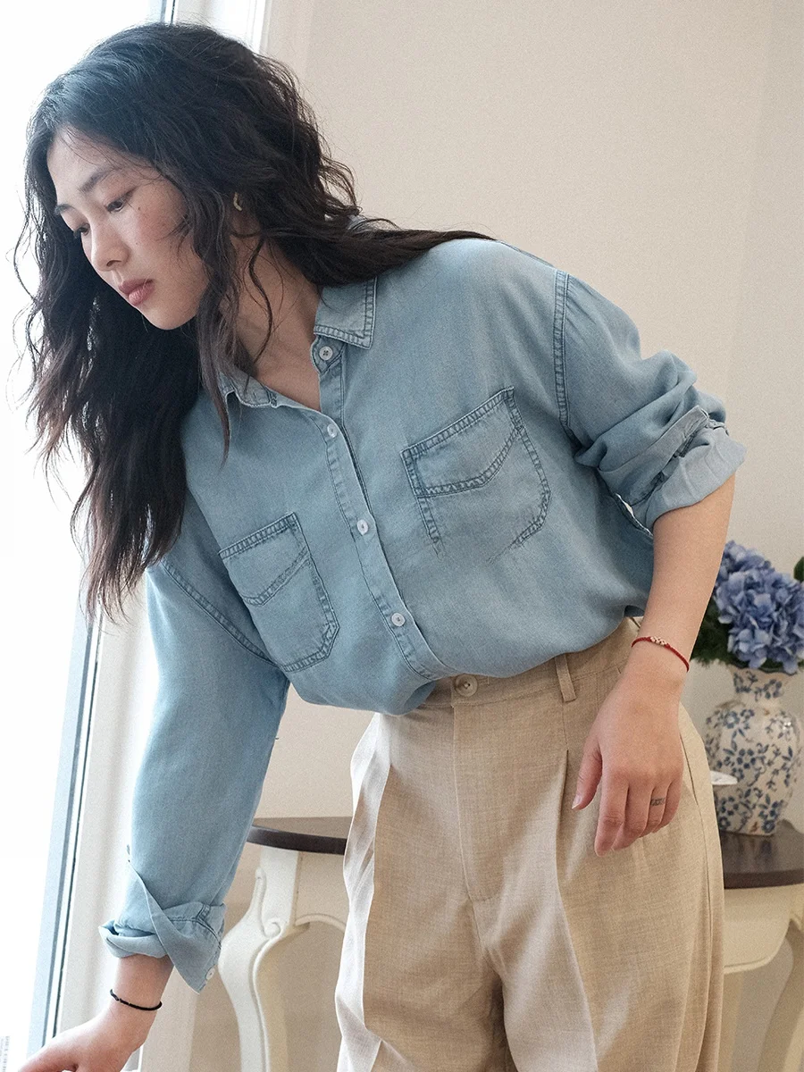 

Женская джинсовая рубашка Waed с длинным рукавом, тонкая, повседневная, свободного кроя, в французском стиле, синяя, базовая, простого дизайна, для отдыха