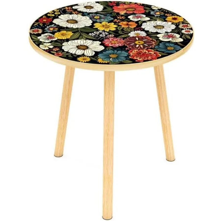 Mandala Round End Table Small Side Table with Colorful Flowers Finish Retro Modern Small Coffee Table for Balcony Living Room 1