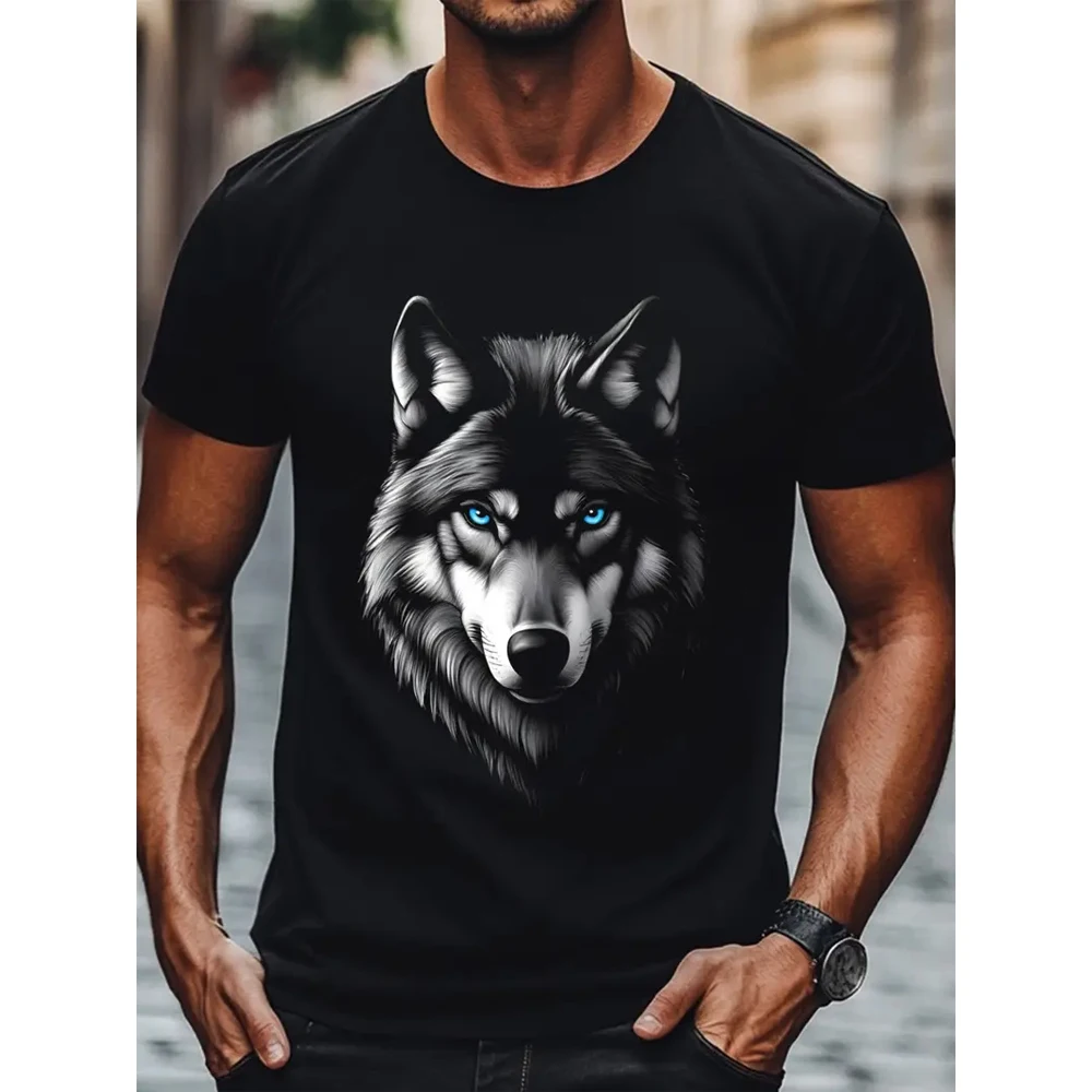 

Men's Soft Cotton T-Shirt with Striking Wolf Face Graphic - Black Casual Short Sleeve Round Neck Tee Durable Print Quality Tops