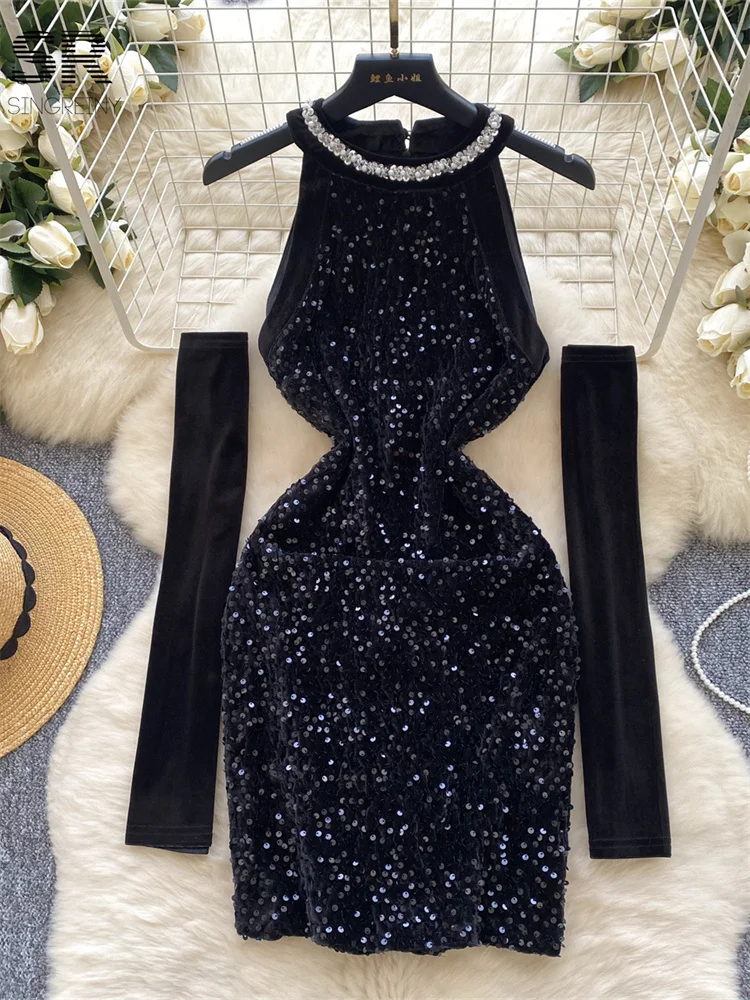 SINGREINY Senior Sequined Dress With Sleeves Halter Bodycon Luxury Temperament Slim Spring Women Diamonds Shinny Mini Dresses