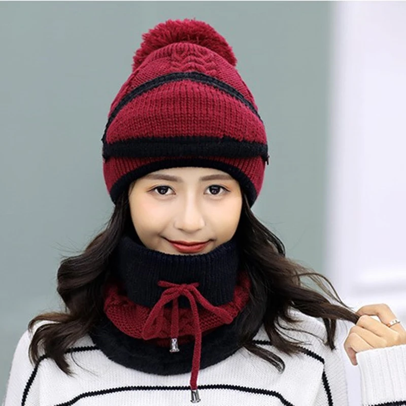 Knitted Scarf Hat Set Warm Women\'s Winter Outdoor Cycling Sports Ear Protection Hat Scarf No brim Pullover Hat