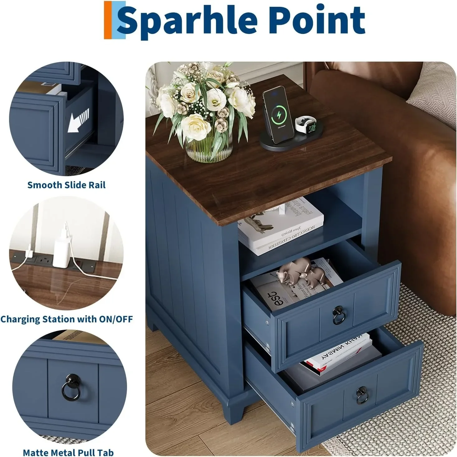 Modern Fluted Nightstand with USB Charging Station, 2 Drawer Side Table with Open Storage Shelf, Wooden Bedside Cabinet for Home