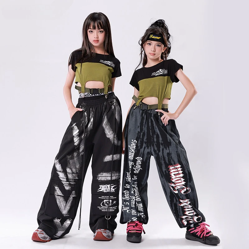 New Hip Hop Girls Kpop Dance Clothes Sets Jazz Dance Costumes Crop Tops Baggy Pants Ballroom Practice Clothing Performance Wear