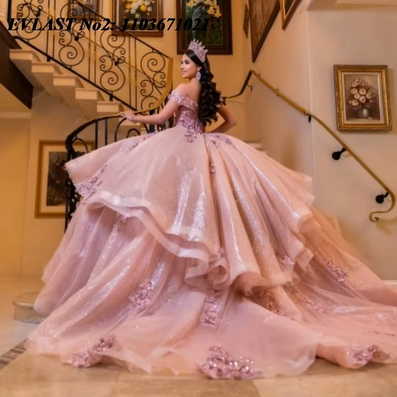 

EVLAST индивидуальное блестящее розовое платье Quinceanera с открытыми плечами, 3D цветочной аппликацией и бисером, Sweet 16, Vestidos De 15 Anos E2QA16